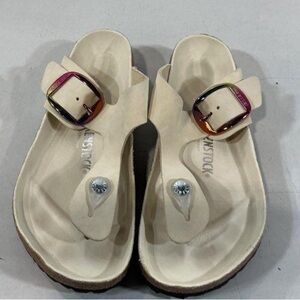 Women’s Birkenstock Gizeh Cream Sandals with Big Multicolor Buckle Size 39